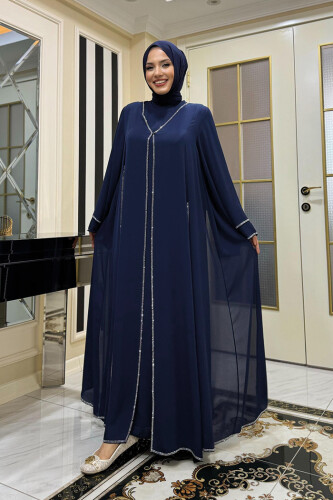 Taş İşleme Detaylı Elbise Abaya Takım 3873 Lacivert - 1