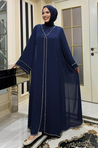 Taş İşleme Detaylı Elbise Abaya Takım 3873 Lacivert - 2