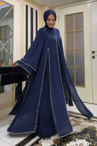 Taş İşleme Detaylı Elbise Abaya Takım 3873 Lacivert - 3