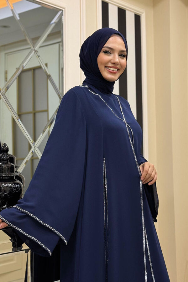 Taş İşleme Detaylı Elbise Abaya Takım 3873 Lacivert - 4