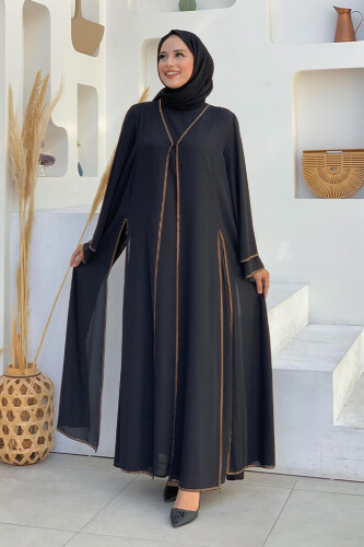 Taş İşleme Detaylı Elbise Abaya Takım 3873 Siyah 