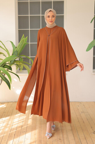 Taş İşleme Detaylı Elbise Abaya Takım 3873 Taba - 1