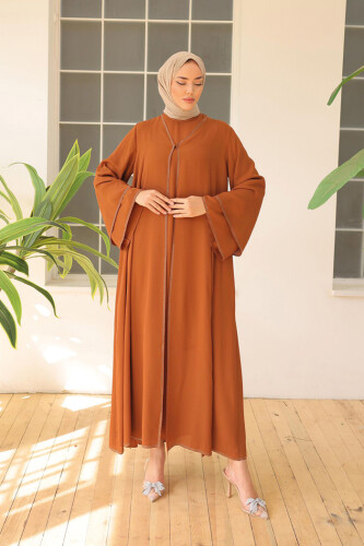 Taş İşleme Detaylı Elbise Abaya Takım 3873 Taba - 2