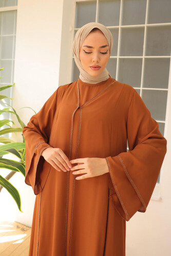 Taş İşleme Detaylı Elbise Abaya Takım 3873 Taba - 4