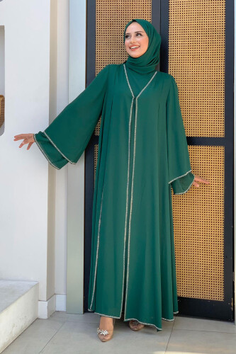 Taş İşleme Detaylı Elbise Abaya Takım 3873 Zümrüt 