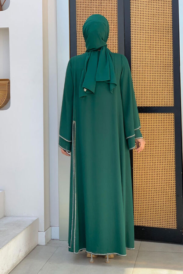 Taş İşleme Detaylı Elbise Abaya Takım 3873 Zümrüt - 2