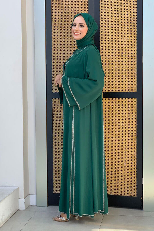 Taş İşleme Detaylı Elbise Abaya Takım 3873 Zümrüt - 3