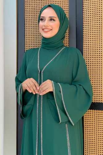 Taş İşleme Detaylı Elbise Abaya Takım 3873 Zümrüt - 4