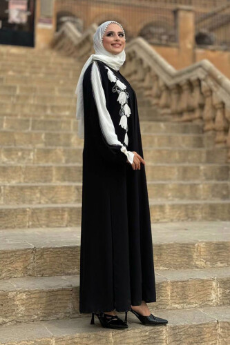 Çiçek İşleme Detay Abaya 3914 Siyah - 3