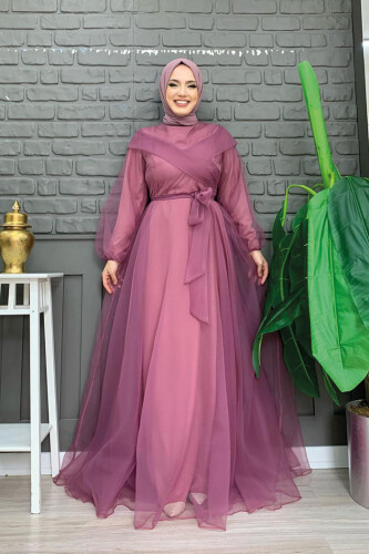 Abendkleid aus Tüll mit Schulterstreifendetail und Taillenschnürung 3964 Flieder 