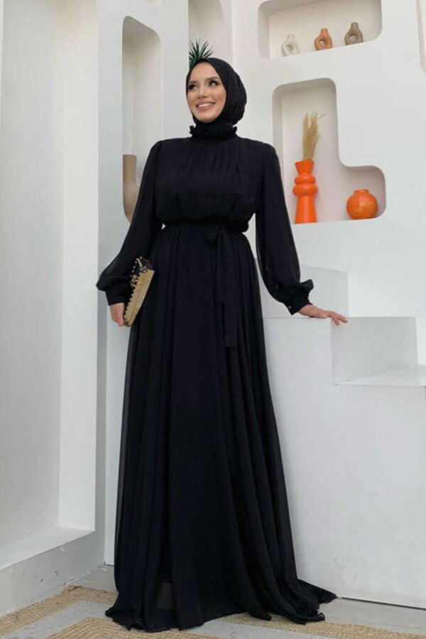 Yarım Boğaz Detaylı Ön Kısım Kat Kat Görünümlü Astarlı Şifon Abiye Elbise 4976 Siyah - 1