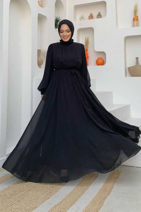 Halbhalsausschnitt, detaillierte Vorderseite, mehrlagiges, gefüttertes Chiffon-Abendkleid 4976 Schwarz - 3