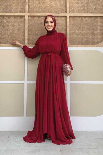 Half Neck Detailed Front Side Layered Lined Chiffon Evening Dress 4976 Claret Red 