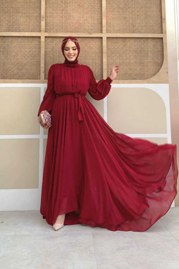 Half Neck Detailed Front Side Layered Lined Chiffon Evening Dress 4976 Claret Red - 3