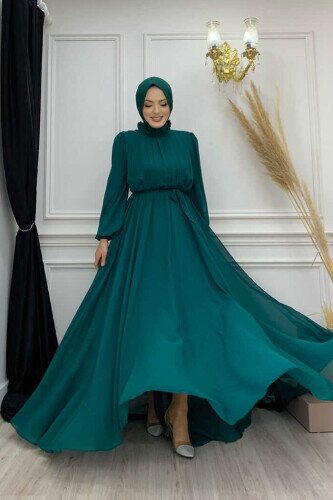 Half Neck Detailed Front Side Layered Lined Chiffon Evening Dress 4976 Emerald 