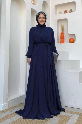 Half Neck Detailed Front Side Layered Lined Chiffon Evening Dress 4976 Navy Blue 