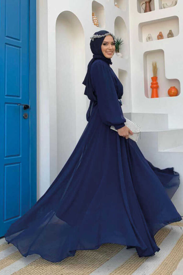 Half Neck Detailed Front Side Layered Lined Chiffon Evening Dress 4976 Navy Blue - 3