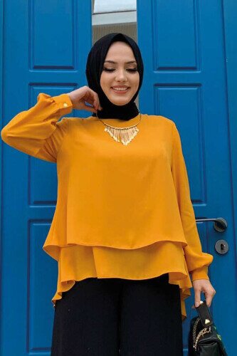 Large Size Tiered Sleeve Cuff Chiffon Blouse 5148-1 Mustard 