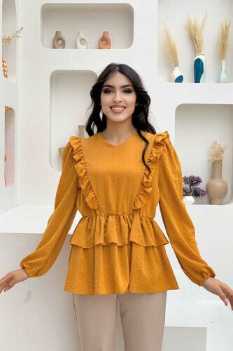 Frill Detail Elastic Waist Tiered Blouse 5207 Mustard 