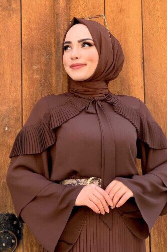 Shoulder Frill Look Collar Tied Collared Sleeve Detail Blouse 5263 Brown 