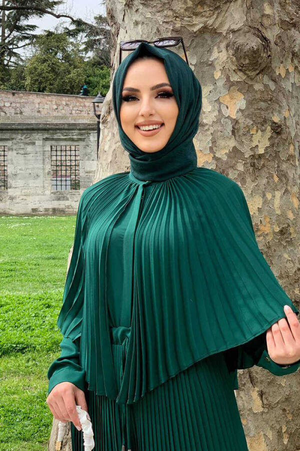 Plisse Cape Look Button Front Blouse 5264 Emerald - 3