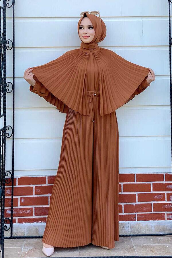 Pleat Cloak Look Button Front Blouse 5264 Tan - 1