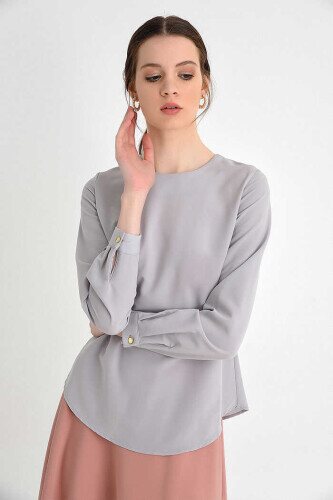 Straight Crew Neck Cuff Button Detail Short Underwear Blouse 5298 Gray 