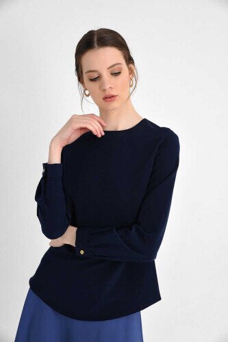 Straight Crew Neck Cuff Button Detail Short Underwear Blouse 5298 Navy Blue 