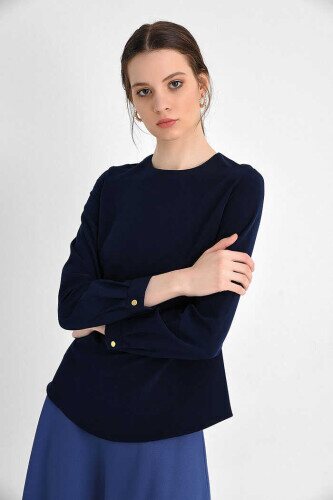 Straight Crew Neck Cuff Button Detail Short Underwear Blouse 5298 Navy Blue - 2