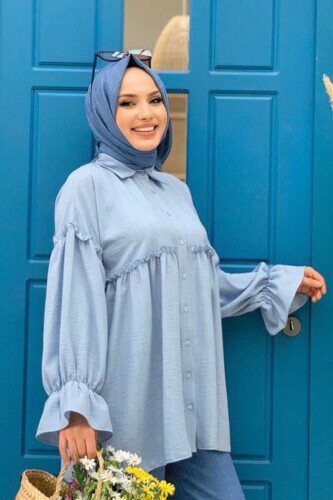 Frill Detailed Sleeve Cuffs Pleated Button Tunic 5330 Blue 