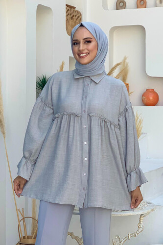 Frill Detailed Sleeve Cuffs Pleated Button Tunic 5330 Gray - 1