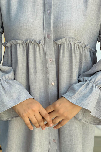 Frill Detailed Sleeve Cuffs Pleated Button Tunic 5330 Gray - 2