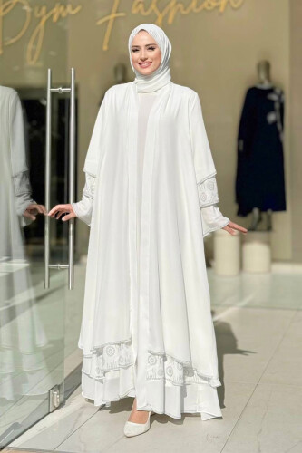 Taş Detaylı Şal ve Abaya İkili Takım 70001 Ekru 