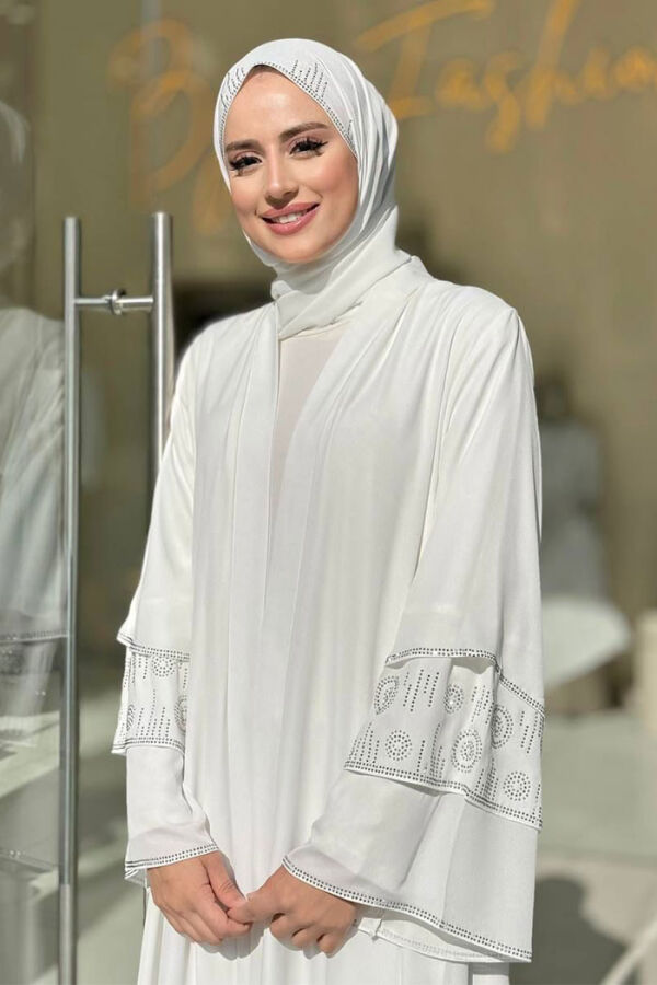 Taş Detaylı Şal ve Abaya İkili Takım 70001 Ekru - 4