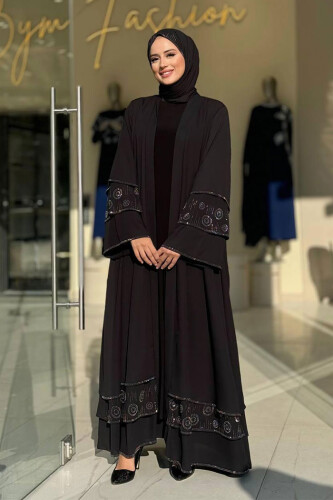 Taş Detaylı Şal ve Abaya İkili Takım 70001 Siyah 