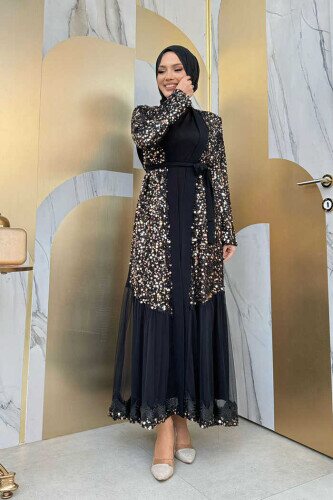 Tulle Embroidery Detail Sequined Abaya 7376 Gold - 1