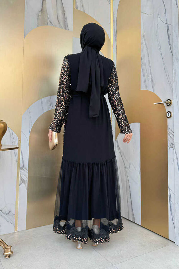 Tulle Embroidery Detail Sequined Abaya 7376 Gold - 3