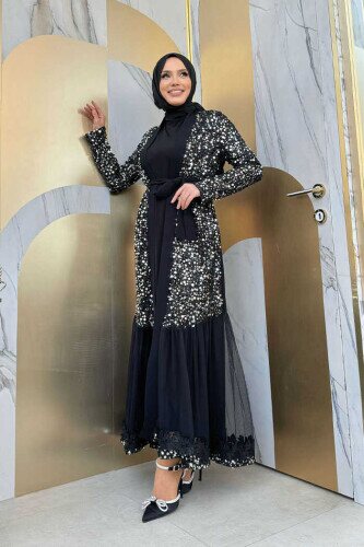 Tulle Embroidery Detail Sequined Abaya 7376 Silver 