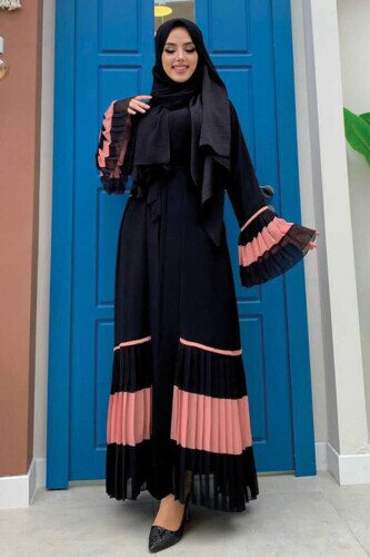 Sleeve and Hem Bicolor Waist Belted Pleated Abaya 7454 Black-Powder 