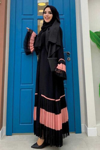 Sleeve and Hem Bicolor Waist Belted Pleated Abaya 7454 Black-Powder - 2