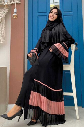 Sleeve and Hem Bicolor Waist Belted Pleated Abaya 7454 Black-Powder - 3