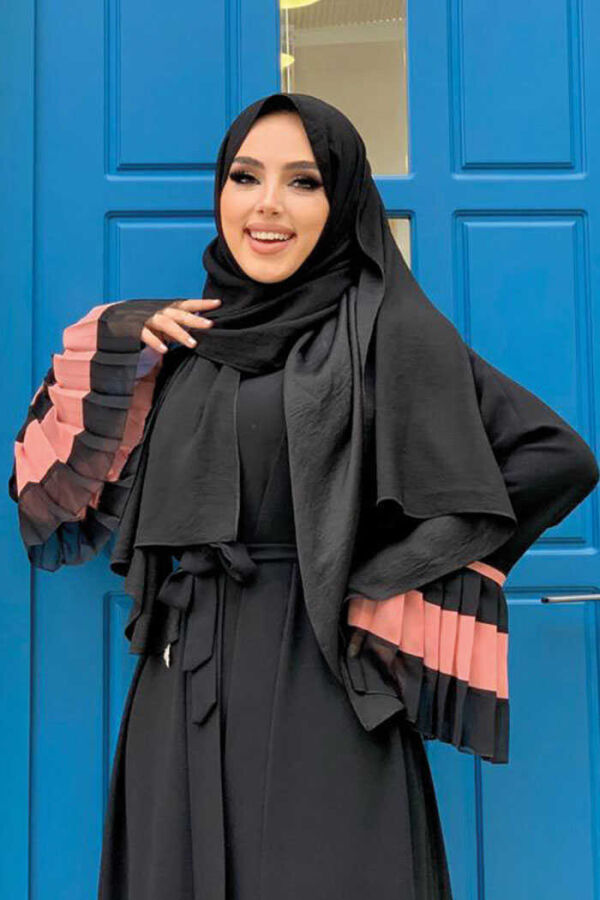 Sleeve and Hem Bicolor Waist Belted Pleated Abaya 7454 Black-Powder - 4