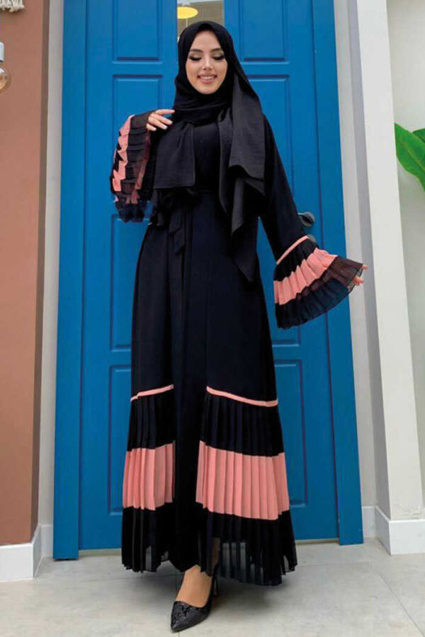 Рукава и подол Bicolor Waist Belted Pleated Abaya 7454 Black-Powder - 1