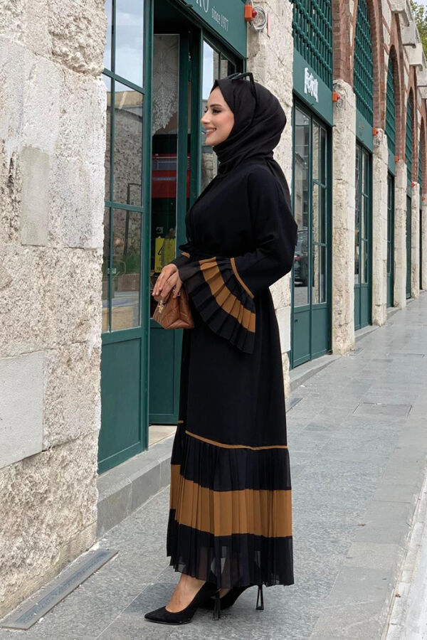 Ärmel und Saum mit zweifarbigem Taillengürtel und plissiertem Abaya 7454 Black-Taba - 2