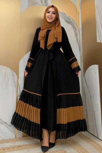 Sleeve and Hem Bicolor Waist Belted Pleated Abaya 7454 Black-Taba 