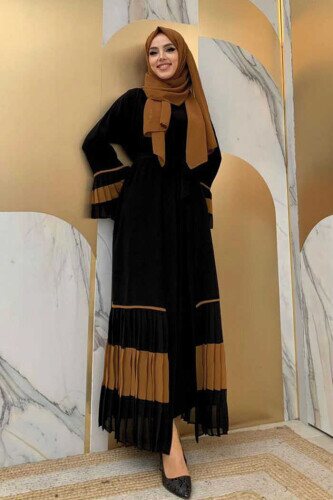 Sleeve and Hem Bicolor Waist Belted Pleated Abaya 7454 Black-Taba - 2