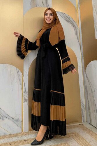 Sleeve and Hem Bicolor Waist Belted Pleated Abaya 7454 Black-Taba - 3