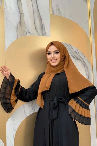 Sleeve and Hem Bicolor Waist Belted Pleated Abaya 7454 Black-Taba - 4