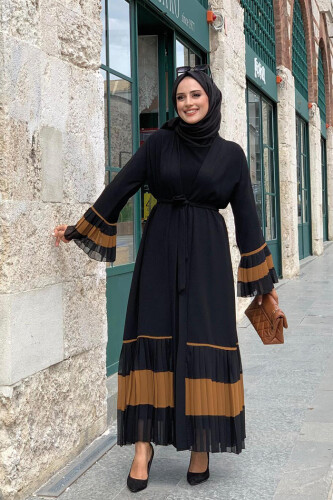 Sleeve and Hem Bicolor Waist Belted Pleated Abaya 7454 Black-Taba 