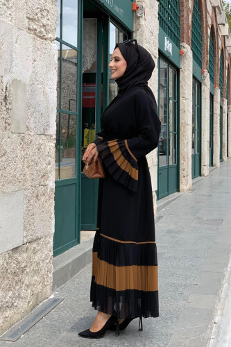 Sleeve and Hem Bicolor Waist Belted Pleated Abaya 7454 Black-Taba - 2